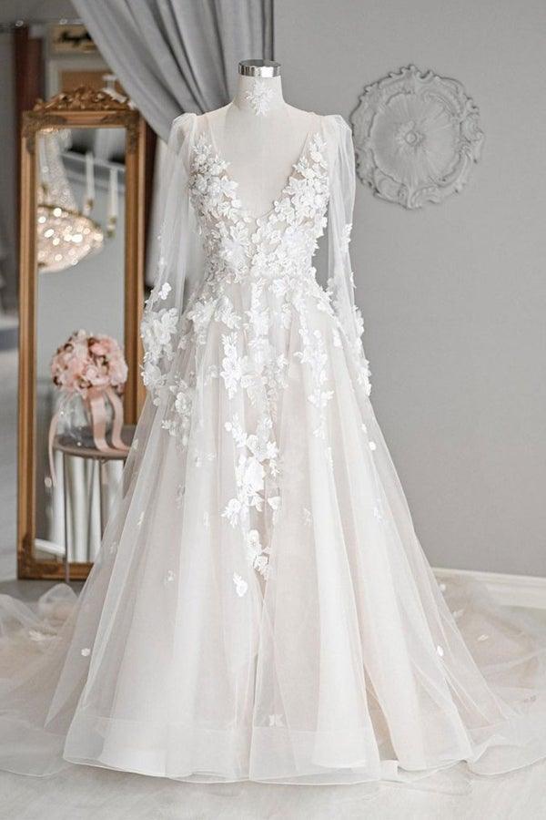 A-line V Neck Long Sleeves Ivory Tulle Wedding Dresses Bridal Gowns WD577