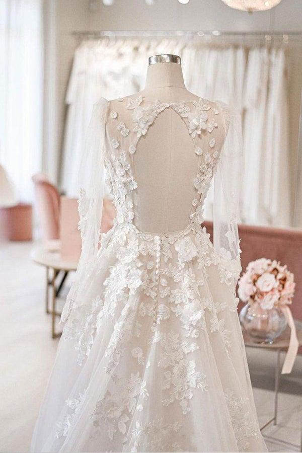 Vestidos de novia de tul color marfil con escote en V y mangas largas WD577