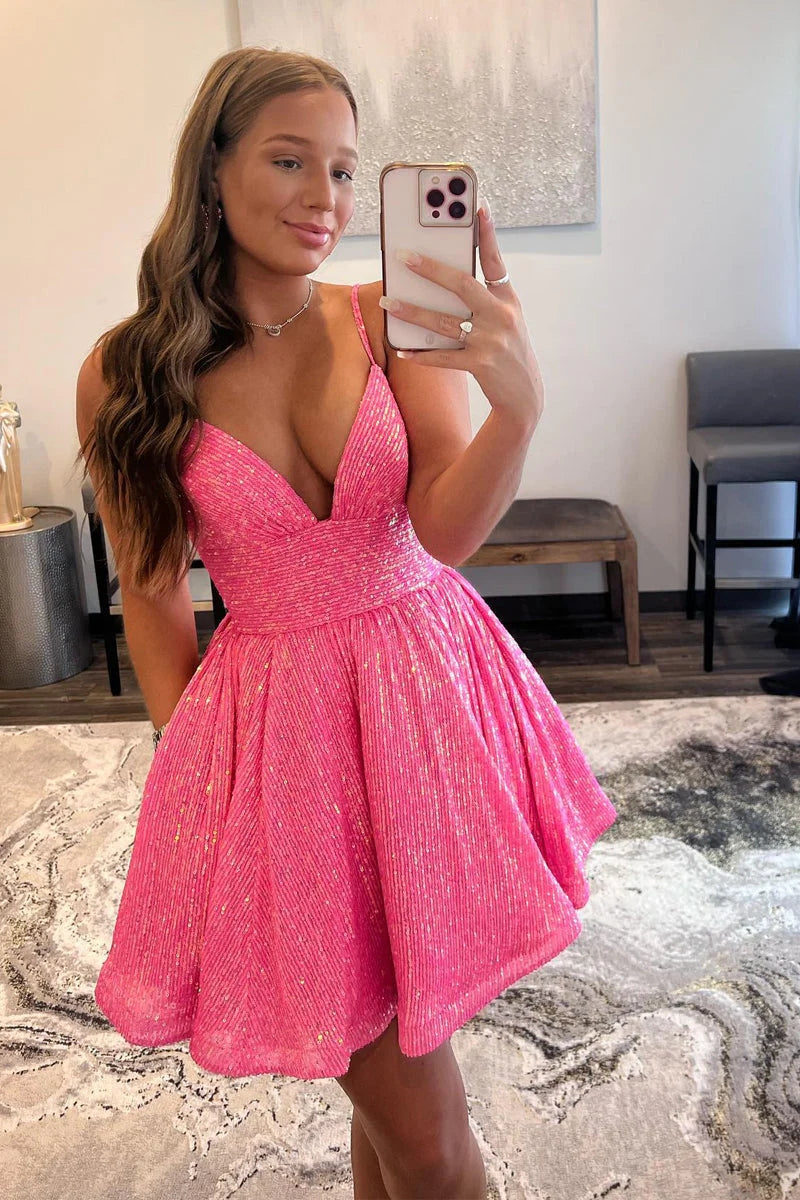 Vestidos de fiesta cortos con escote en V, lentejuelas y color rosa para el regreso a casa PD489