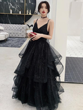 Glänzendes schwarzes Ballkleid mit V-Ausschnitt, rückenfreies schwarzes Abendkleid mit V-Ausschnitt Y1767