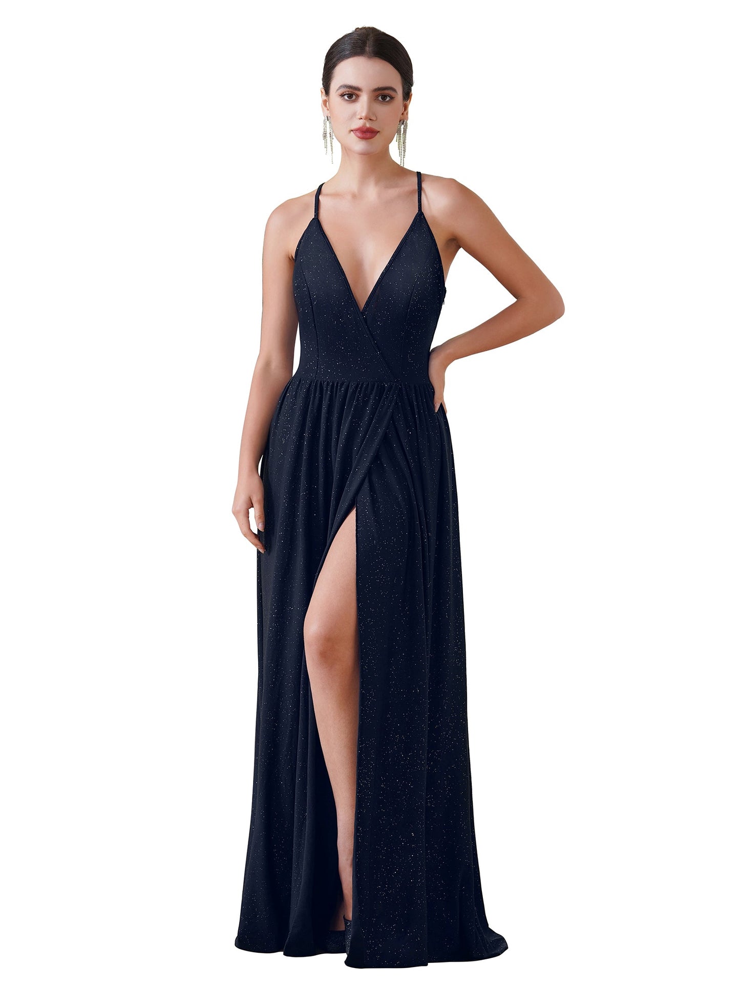 Hermoso vestido de dama de honor verde oscuro sin mangas con corte A y abertura frontal
