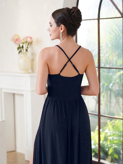 Hermoso vestido de dama de honor verde oscuro sin mangas con corte A y abertura frontal