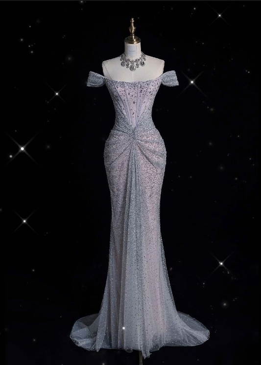Glitzerndes lila Tüll-Meerjungfrau-Abendkleid mit Perlen, schulterfrei, langes Ballkleid Y8054