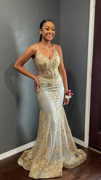 Prinzessin Besticktes Korsett Stil Gold Meerjungfrau Abendkleid Y5887