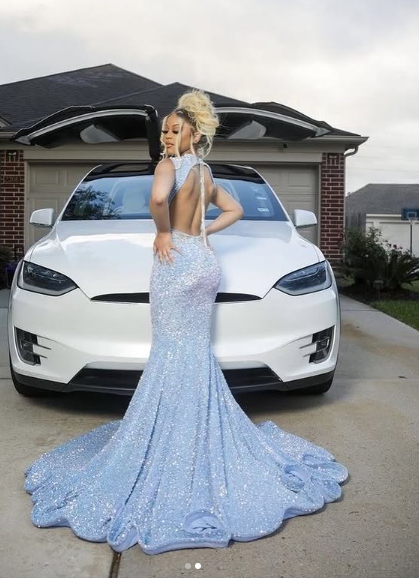 Vestido de noche azul brillante con corte sirena largo para fiesta Y1647