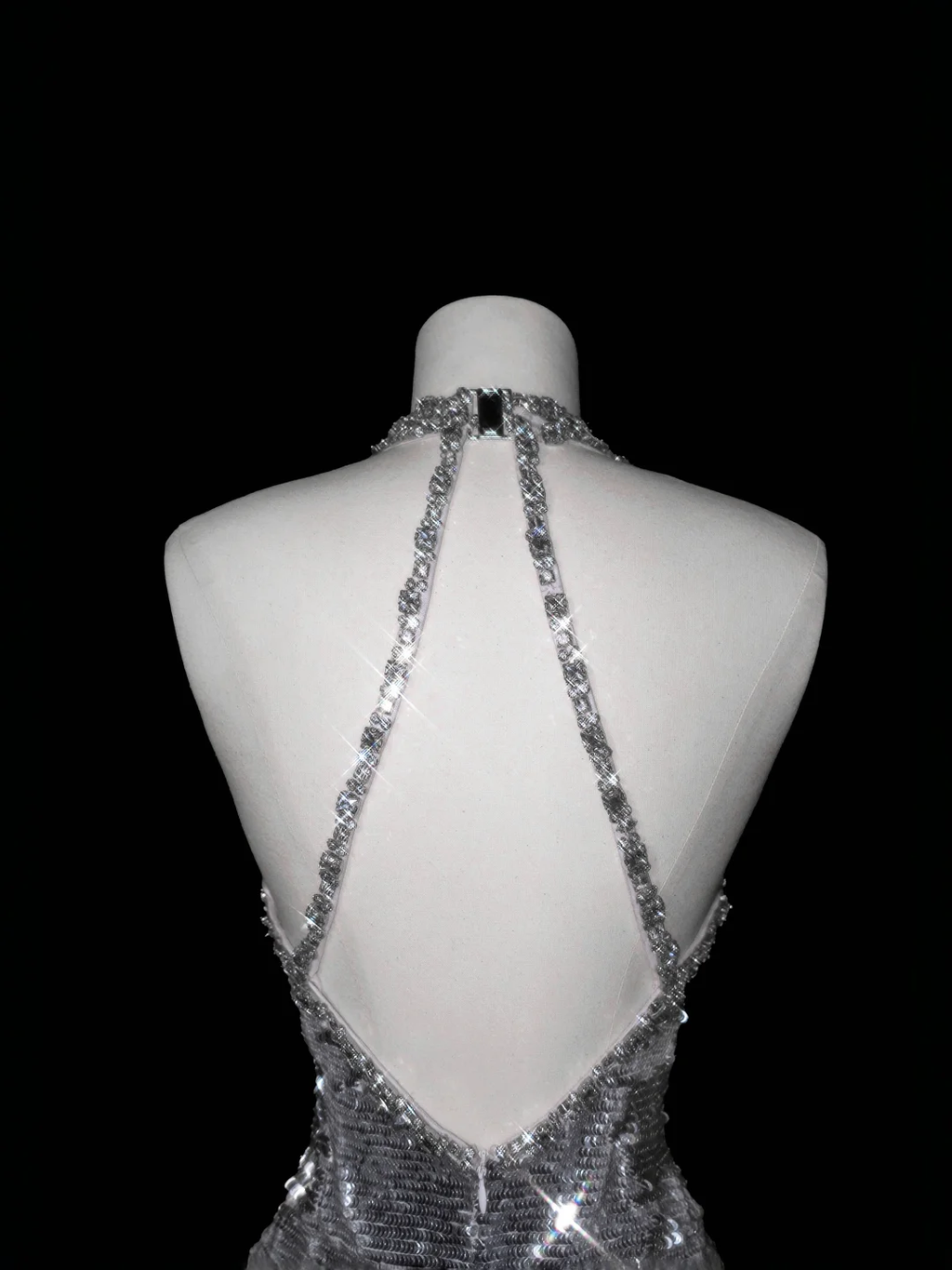 Sparkly Silver Deep V Halter Sequins Beaded Backless Evening Dress Mermaid Prom Dress Y8687