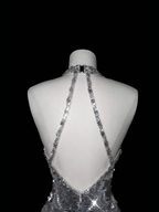 Sparkly Silver Deep V Halter Sequins Beaded Backless Evening Dress Mermaid Prom Dress Y8687