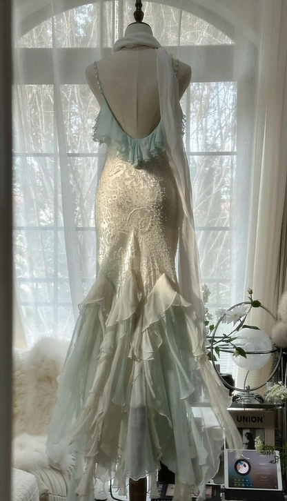 Vestido de noche elegante de gasa con cuentas y tirantes finos, estilo sirena, color verde menta, vestido formal de fiesta Y8546