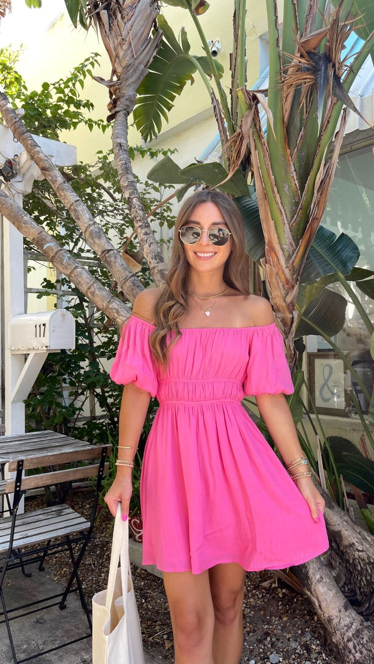 Vestido de fiesta rosa intenso con corte en A y mangas abullonadas, vestido de verano Y2758