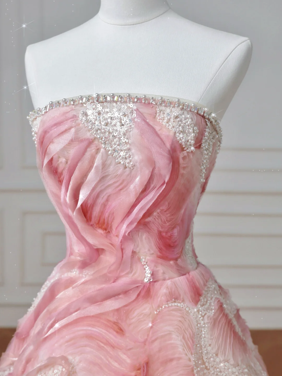 Dream Pink Strapless Satin Print Sequins Prom Dress Princess Birthday Ball Gown Y8604