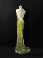 Wunderschönes grünes Neckholder-Pailletten-Ballkleid mit rückenfreiem Rücken, langes Meerjungfrau-Abendkleid Y8647