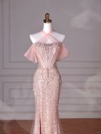 Vestido de noche largo estilo sirena con cuello halter, lentejuelas y cuentas de tul, color rosa, Y8620