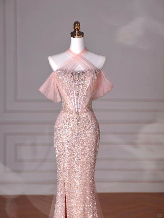 Vestido de noche largo estilo sirena con cuello halter, lentejuelas y cuentas de tul, color rosa, Y8620