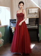 Nuevo y elegante vestido de fiesta rojo sin mangas con tirantes finos y vestido de noche con cuentas pesadas Y816