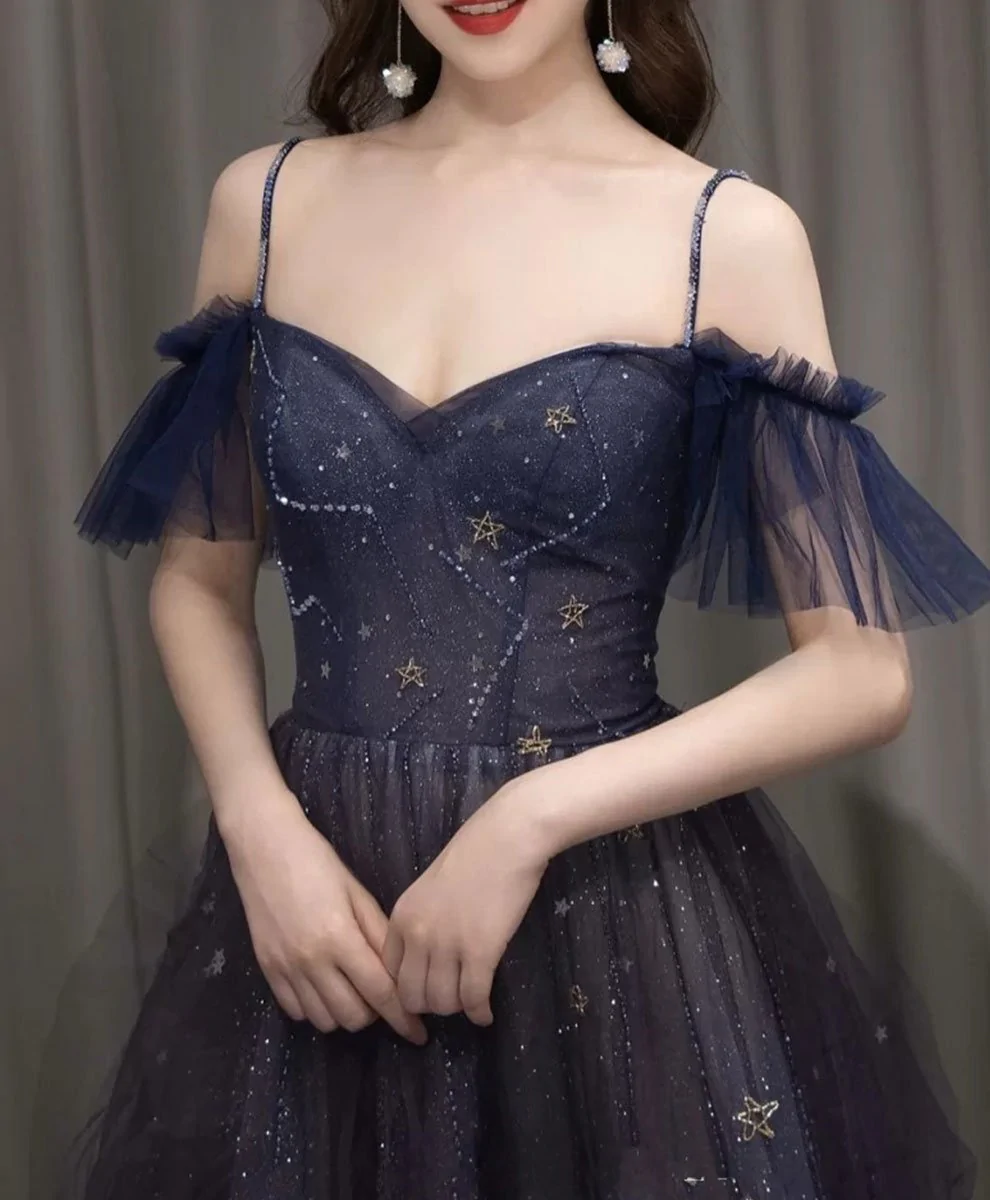 Vestido de fiesta largo de tul morado con cielo estrellado oscuro, vestido de noche de corte A Y924