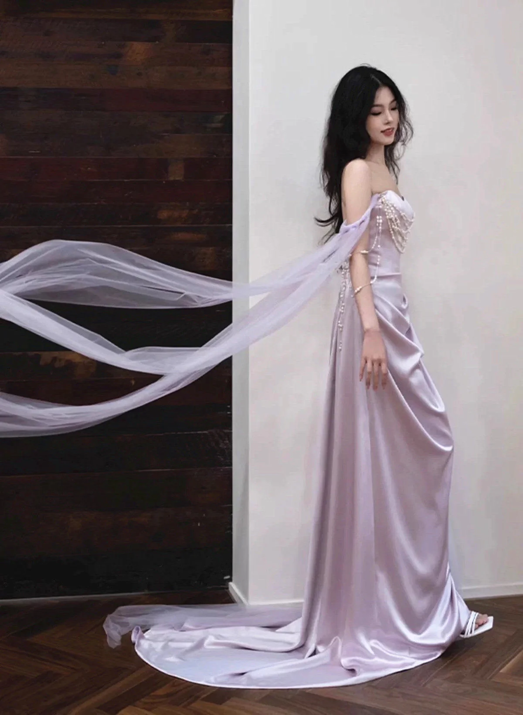Hellviolettes Satin Langes Abendkleid Herzausschnitt Ballkleid Y8312