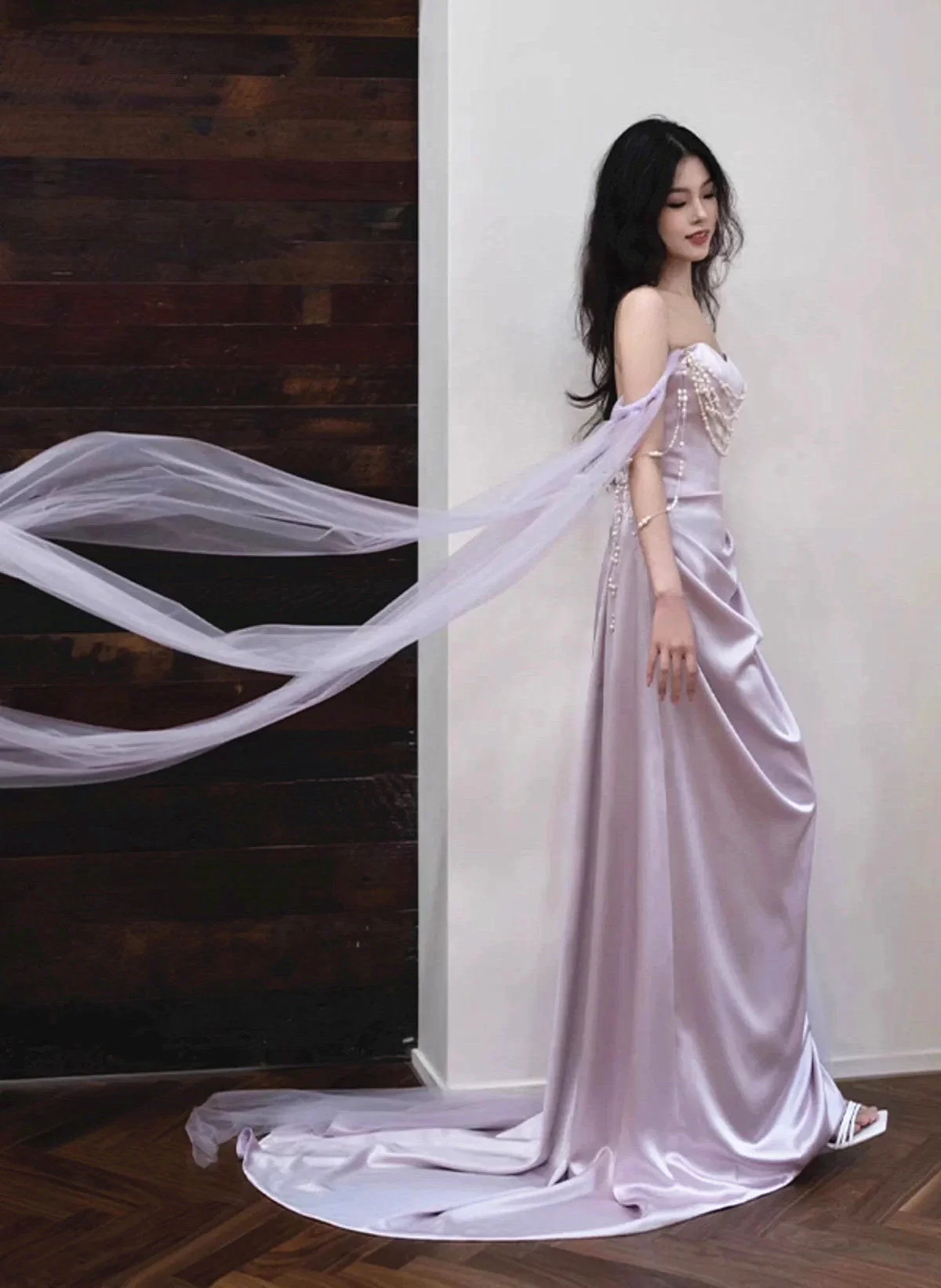Hellviolettes Satin Langes Abendkleid Herzausschnitt Ballkleid Y8312