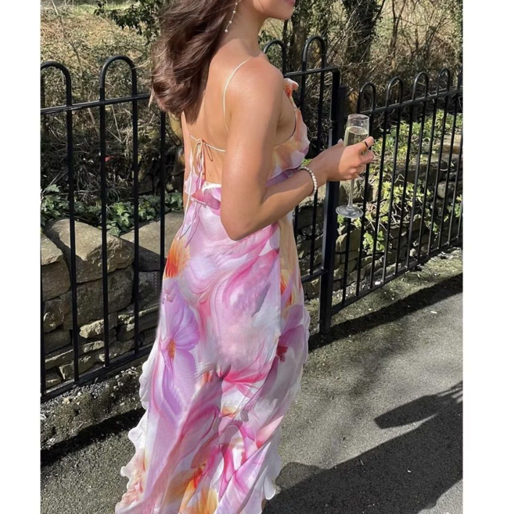 Hermoso vestido de fiesta largo con volantes, estampado floral, espalda baja, abertura y abertura, vestido de noche Y8099