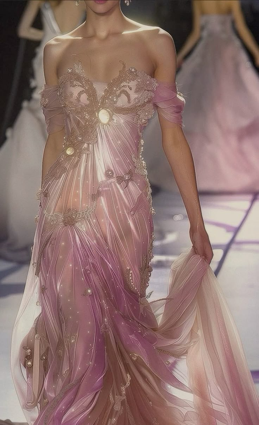 Vestido de noche elegante de gasa con cuentas y hombros descubiertos, vestido de fiesta largo Y8401