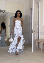Hermoso vestido de noche de sirena sin tirantes, de satén, con estampado floral y sin volantes, para fiesta de graduación Y7998