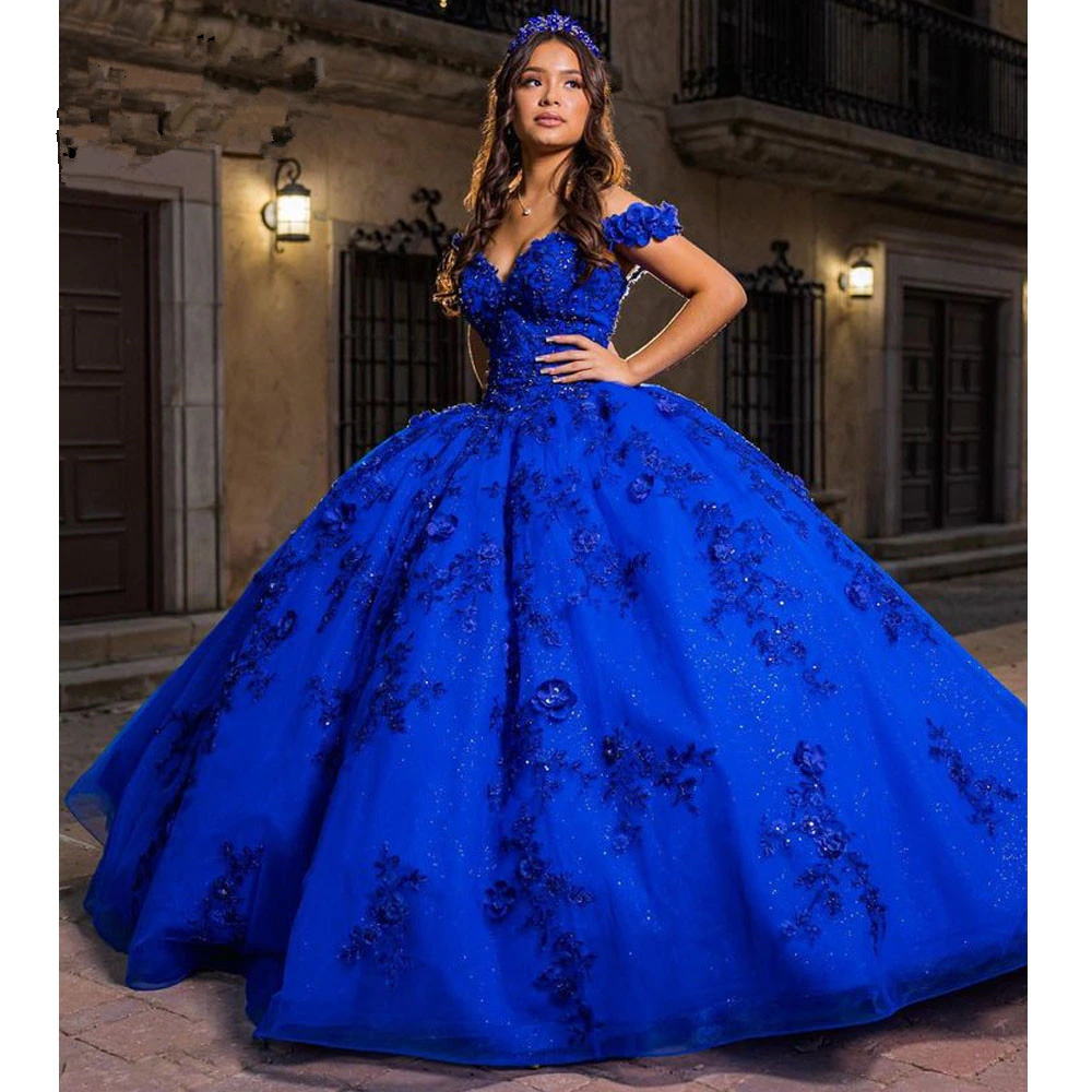 Vestidos de quinceañera azul rey para dulces 15 años, vestido de baile con hombros descubiertos Y2726