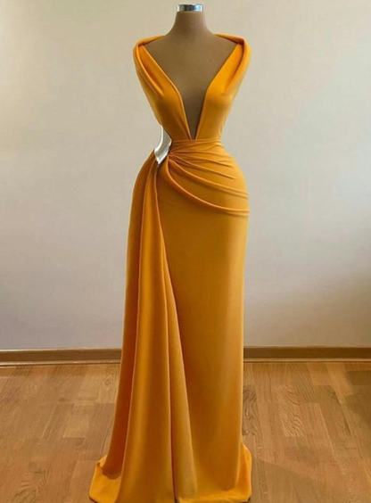 Vestido de fiesta de sirena amarillo con escote en V profundo, sexy, de noche, para cóctel, fiesta, cola larga, para ocasiones formales, Y4931