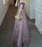 Vestido de fiesta morado de ensueño, vestido de noche con hombros descubiertos, elegante vestido largo de banquete, vestido de fiesta sin mangas, vestido de graduación para niña Y4286