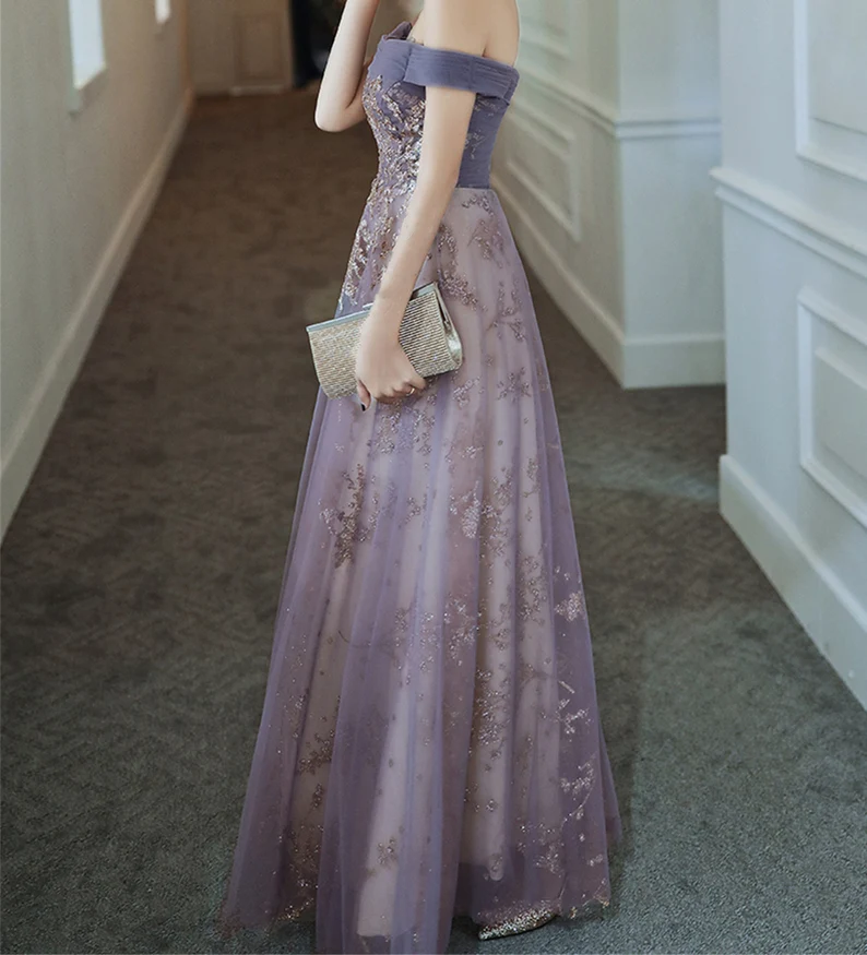 Vestido de fiesta morado de ensueño, vestido de noche con hombros descubiertos, elegante vestido largo de banquete, vestido de fiesta sin mangas, vestido de graduación para niña Y4286