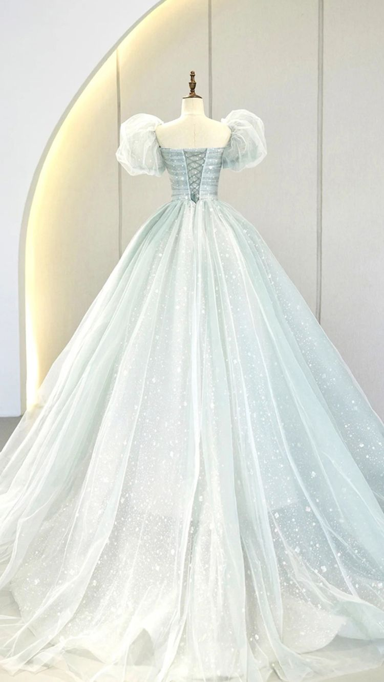 Vestido de fiesta largo azul con mangas abullonadas y corte en A, vestido de noche formal de tul Y2932