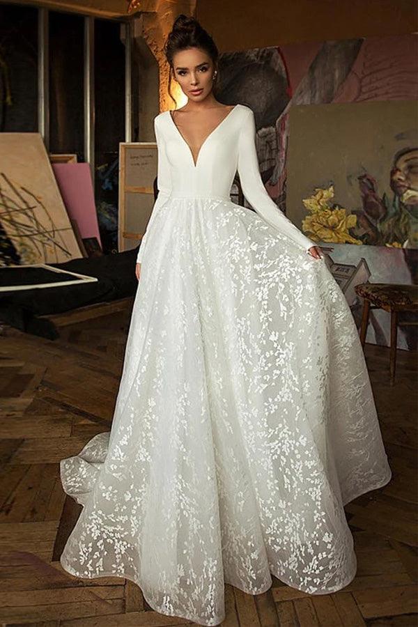 Vestido de novia elegante de corte A con mangas largas y escote en V para playa WD551