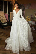 Vestido de novia elegante de corte A con mangas largas y escote en V para playa WD551