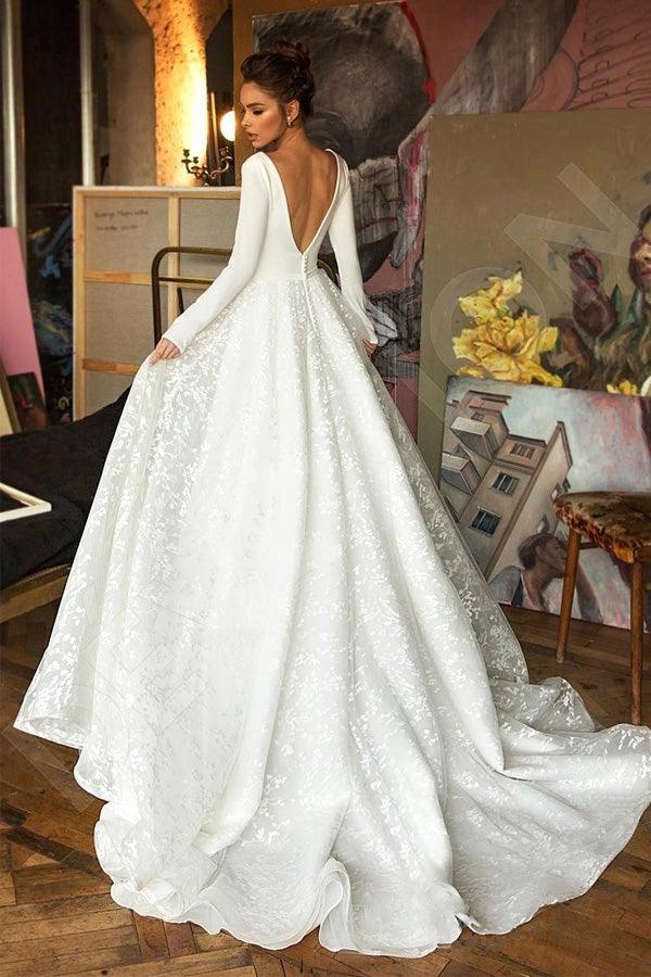 Vestido de novia elegante de corte A con mangas largas y escote en V para playa WD551