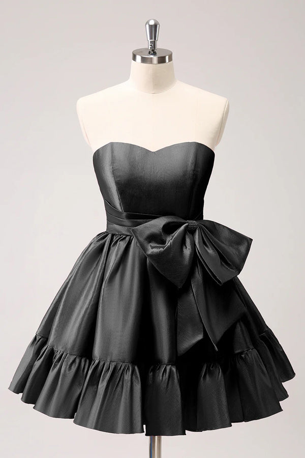 A Line Fuchsia Strapless Ruffle Cute Homecoming Dress with Bow PD558