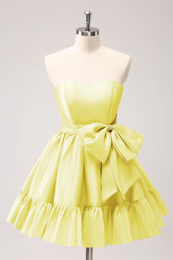 A Line Fuchsia Strapless Ruffle Cute Homecoming Dress with Bow PD558