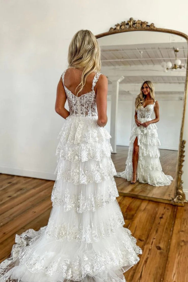 A Line Lace Tiered Stunning Prom Dress Evening Dress With Split