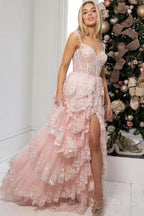 Impresionante vestido de fiesta de noche con encaje en capas y abertura en la espalda PSK456