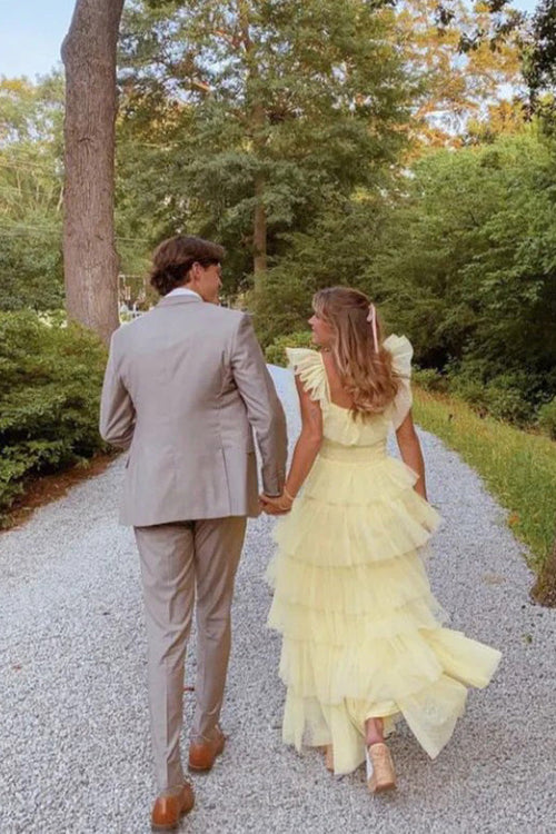 A Line Princess Tulle Layered Yellow Long Prom Dress