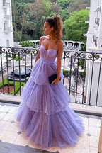 Vestidos de fiesta largos de tul morado con corte A y capas, vestidos formales de noche PSK361