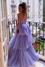 Vestidos de fiesta largos de tul morado con corte A y capas, vestidos formales de noche PSK361