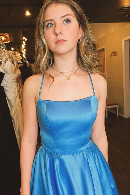 A Line Scoop Neck Spaghetti Straps Blue Satin Long Prom Dress With Slit