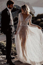 A Line See Through Deep V Neck Long Sleeves  Sparkly Wedding Dresses WD569