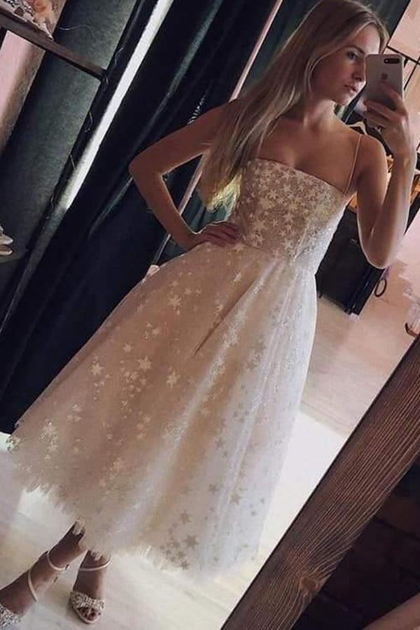 Vestido de fiesta rosa perla con tirantes finos, corte A, largo hasta la rodilla y cuentas PD349