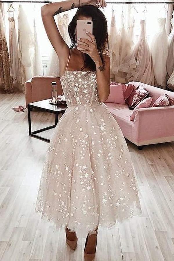 Vestido de fiesta rosa perla con tirantes finos, corte A, largo hasta la rodilla y cuentas PD349