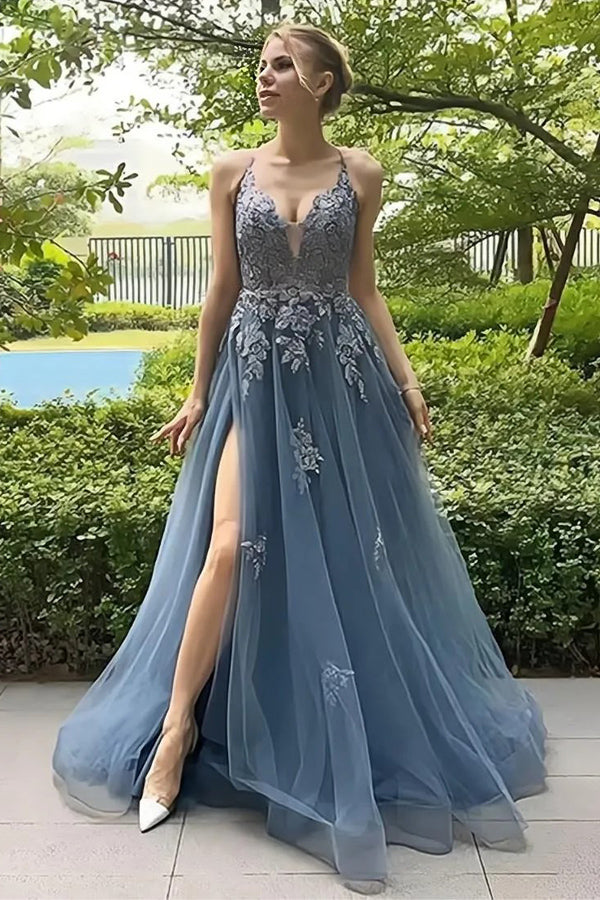 Vestido de fiesta largo con escote en A, tirantes finos y corsé con abertura en la espalda (PSK515)