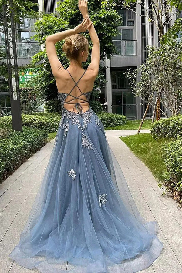 Vestido de fiesta largo con escote en A, tirantes finos y corsé con abertura en la espalda (PSK515)