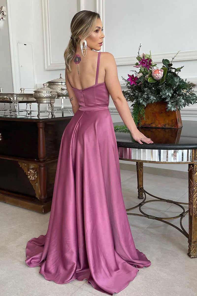 Vestido de dama de honor largo con escote en forma de corazón, tirantes finos y fruncido, corte en A, BD110