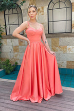 Vestido de dama de honor largo con escote en forma de corazón, tirantes finos y fruncido, corte en A, BD110