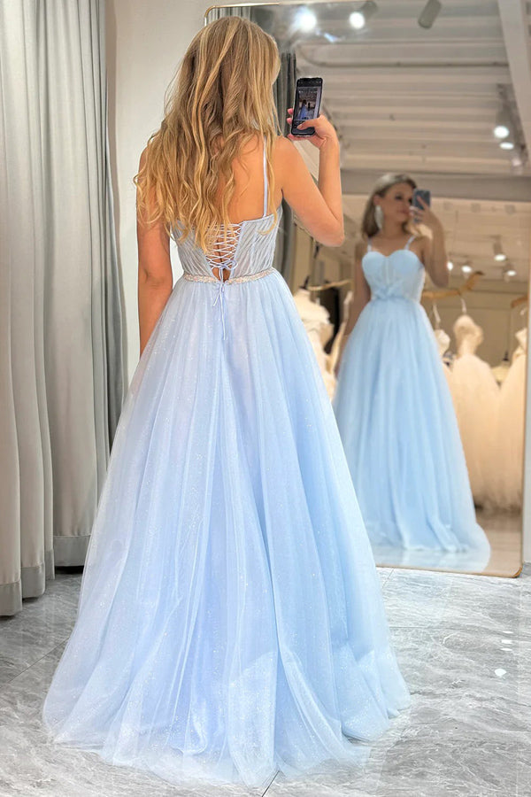 Vestido de fiesta azul brillante de tul con tirantes finos y corte en A PSK473