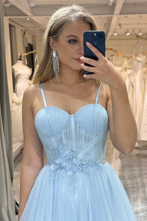 Vestido de fiesta azul brillante de tul con tirantes finos y corte en A PSK473