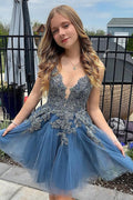 A-Linie Spaghettiträger Tüll Kurzes Grau Blaues Homecoming-Kleid PD527